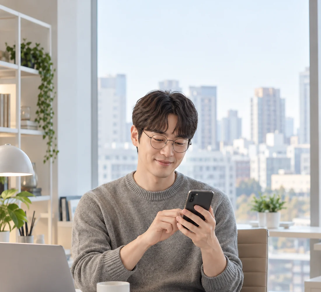 밝은 방에서 휴대전화로 편하게 상담 문자를 보내며 웃는 직장인 고객